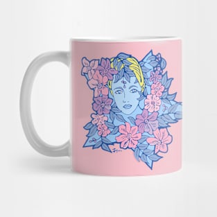 Blue Star Girl and Pink and Purple Flowers Mug